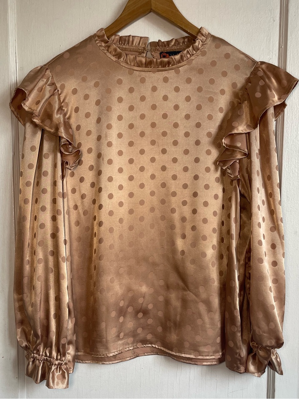 Indigo Poppy Rose Gold Polka Dot Satin Ruffle Blouse XL Mock Neck Long Sleeve
